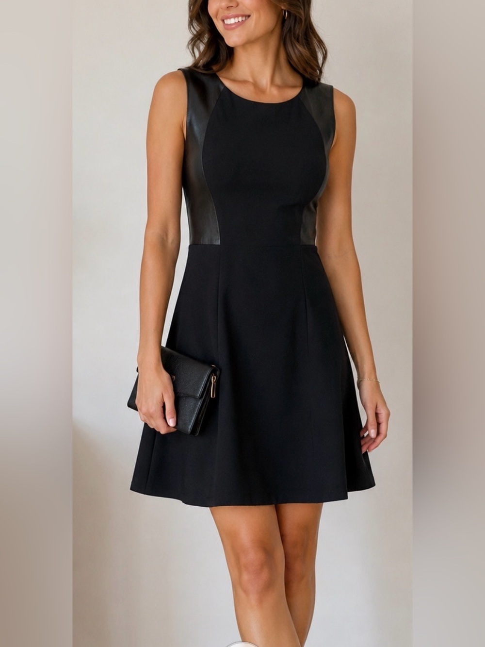 Rebecca Taylor Sleeveless Back Zip Lamb Leather Trim Mixed Media Black Dress